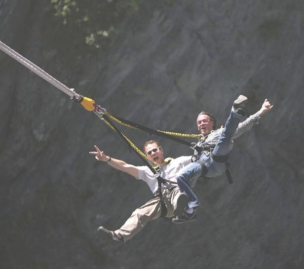 Henry van Asch and AJ Hackett tandem bungy at the Kawarau Bridge.